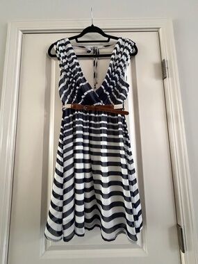 Double Zero Navy and White Striped V-Neck Mini Dress